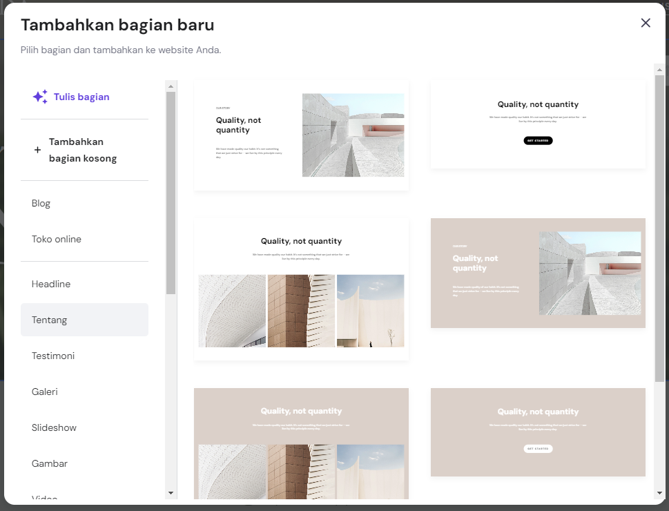 menu tambahkan bagian di builder