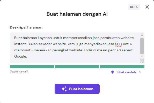 menu untuk membuat halaman menggunakan ai di hostinger builder