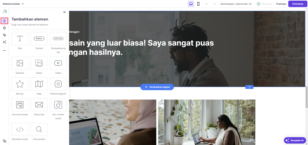 menu untuk menambahkan elemen di hostinger website builder