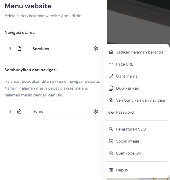 menu untuk mengatur halaman di hostinger builder