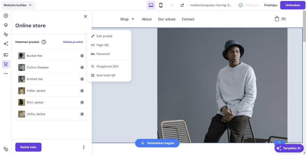 menu untuk mengelola produk di website builder hostinger