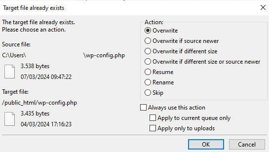 konfirmasi file target sudah ada di filezilla