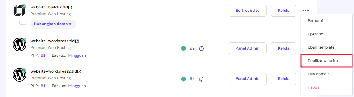 memilih duplikat website di hpanel untuk cloning website