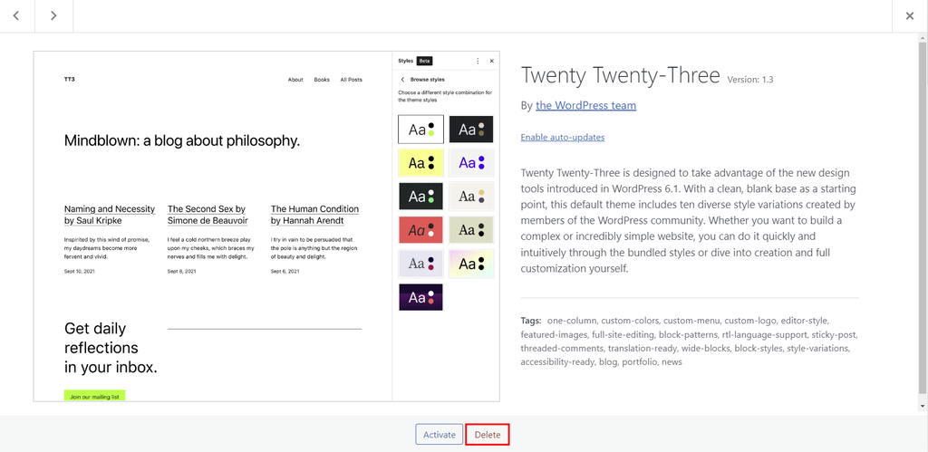 memilih menghapus tema wordpress