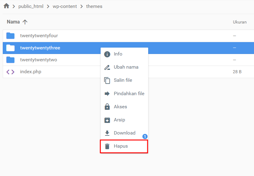 memilih menu hapus di file manager hostinger