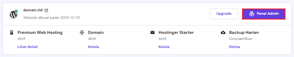 memilih panel admin di dashboard website hpanel untuk login wordpress