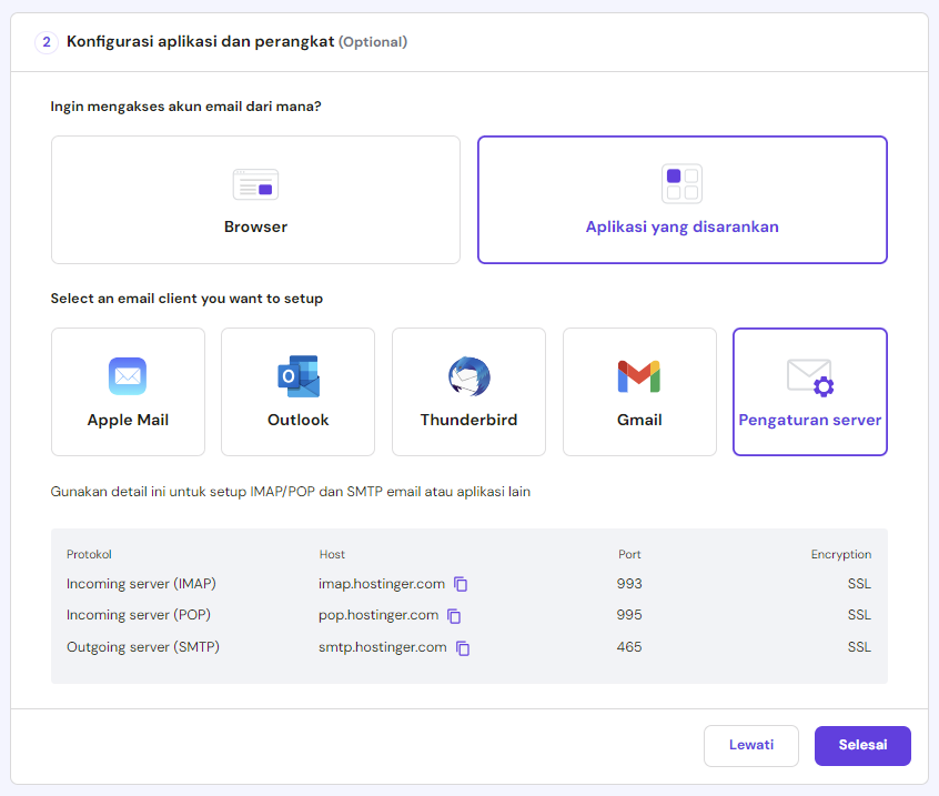 memilih pengaturan server sendiri di hpanel