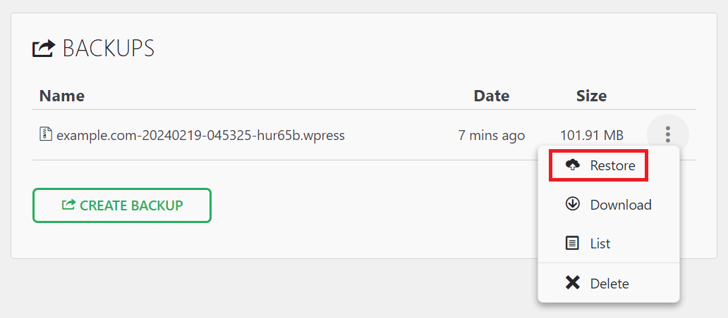 memilih restore di plugin wordpress all in one wp