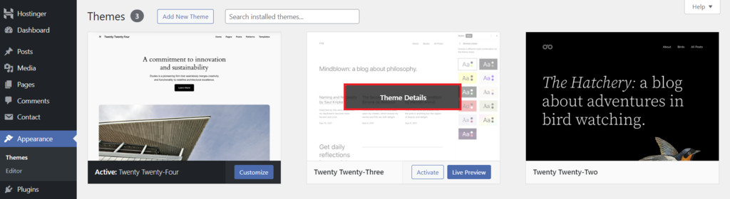 memilih theme details di wordpress
