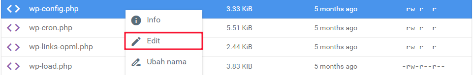memilih tombol edit di file manager hostinger