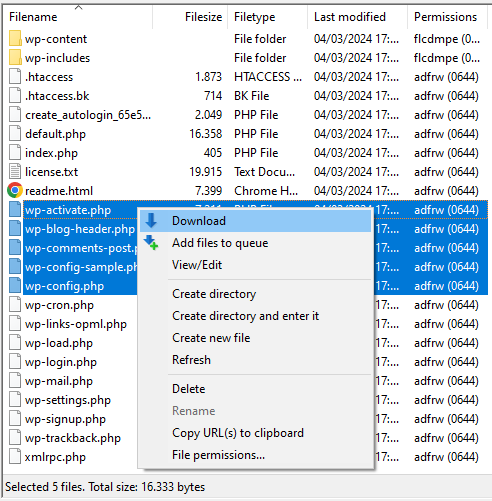 mendownload file dari panel kanan filezilla