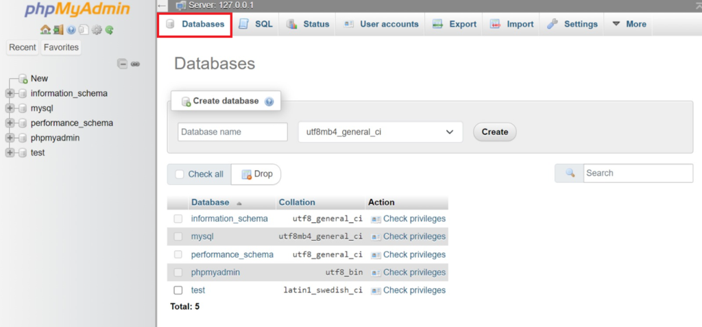menu databases di phpMyAdmin