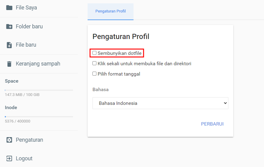 pengaturan file manager untuk sembunyikan dotfile