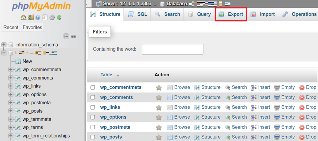tab export di phpMyAdmin