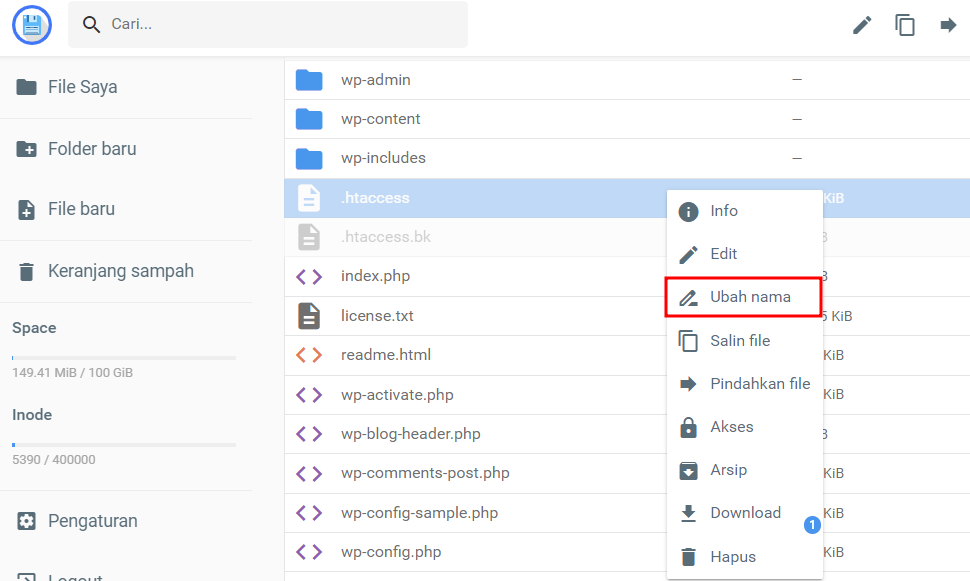 memilih untuk mengubah nama file htaccess di file manager