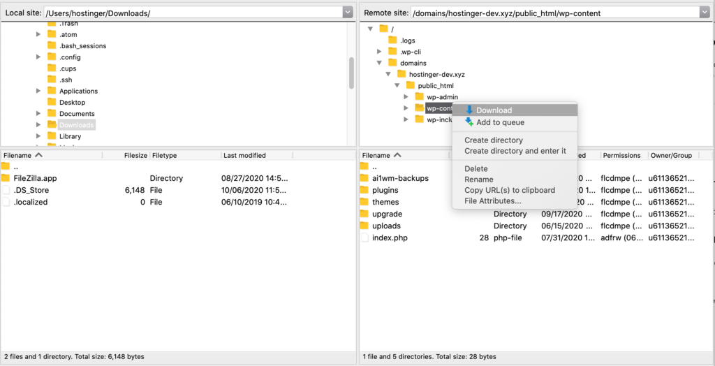 mendownload file wp-content melalui filezilla