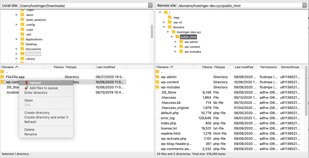 mengupload file wp-content melalui filezilla