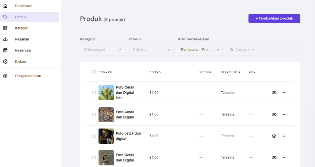 halaman untuk mengatur produk toko online di website builder hostinger