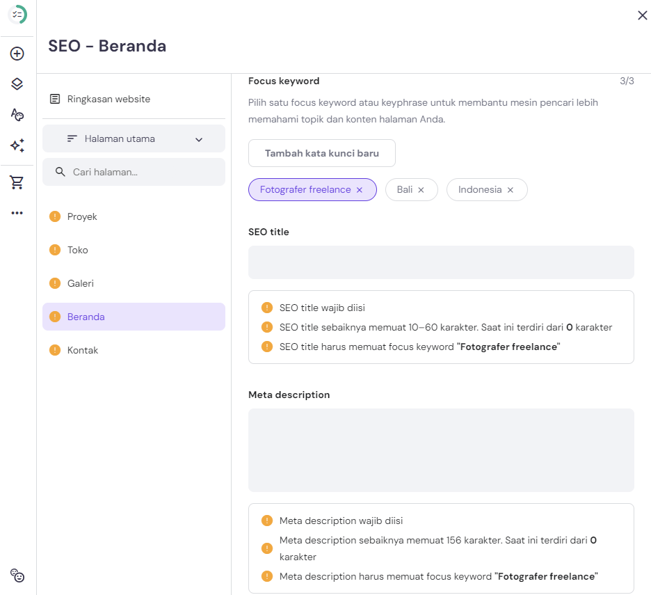 menyesuaikan pengaturan seo halaman website di builder hostinger