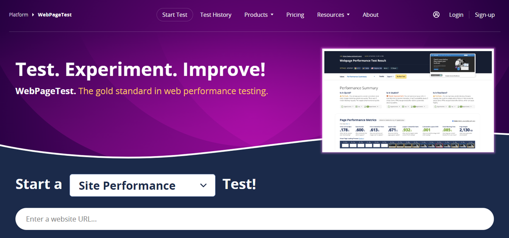 homepage WebPageTest tool online untuk cek kecepatan website