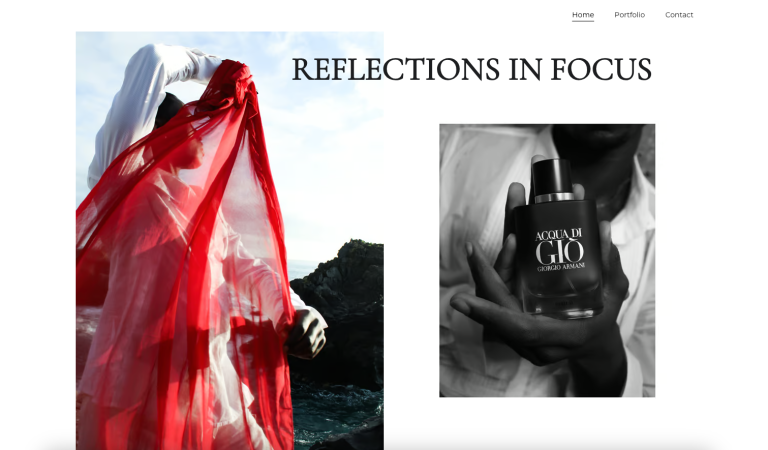 homepage reflections in focus, contoh website foto yang dibuat dengan hostinger website builder