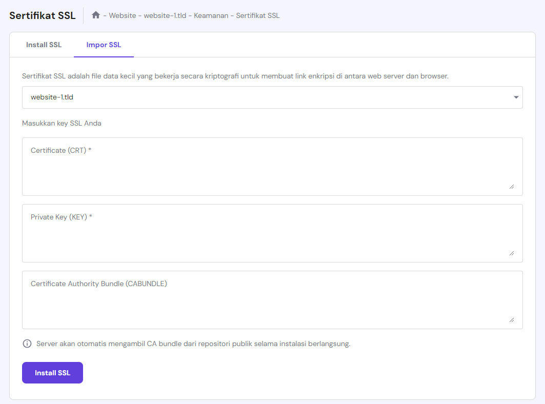 bagian untuk menginstal ssl dari otoritas sertifikat di hpanel