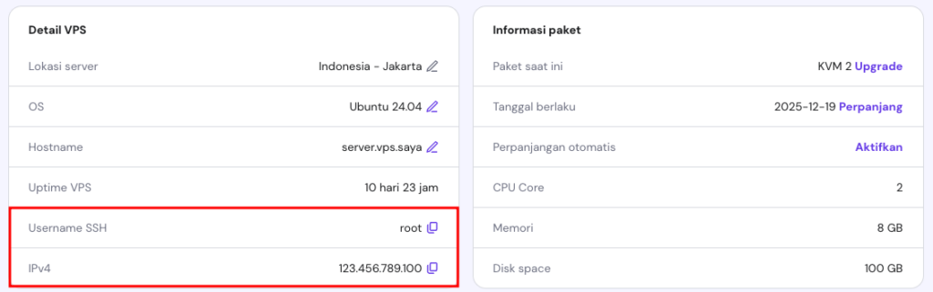 bagian akses ssh berisi semua informasi ssh di hpanel