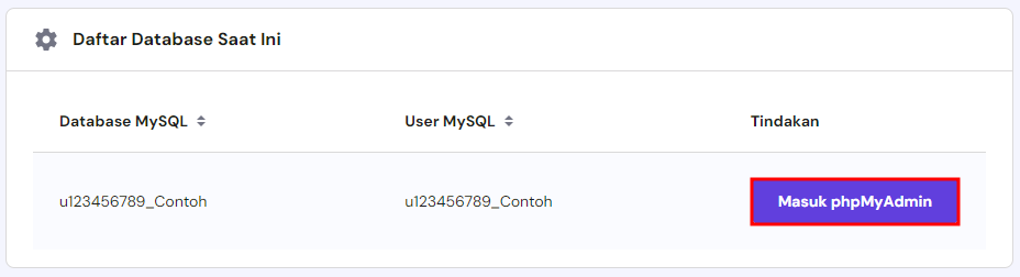 tampilan menu phpmyadmin hpanel dengan tombol masuk phpmyadmin yang dipilih