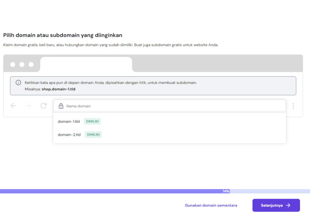 tampilan bagian onboarding hpanel menunjukkan proses mengklaim domain gratis