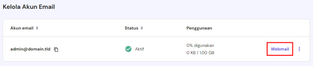 memilih webmail di samping alamat email yang akan dikonfigurasikan