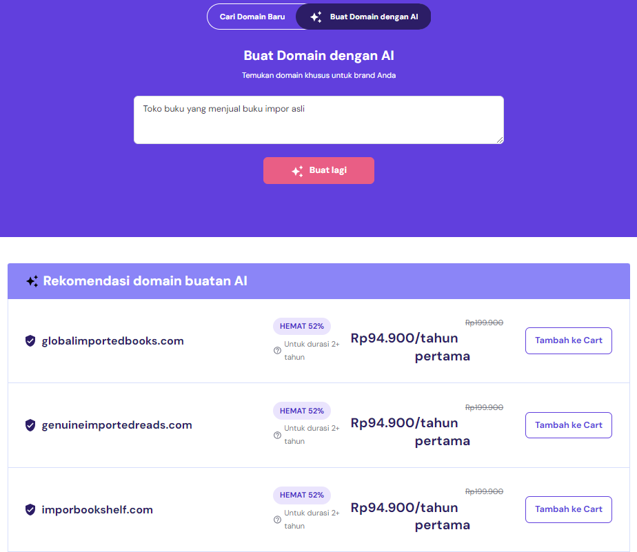 mencari nama domain dengan bantuan ai hostinger