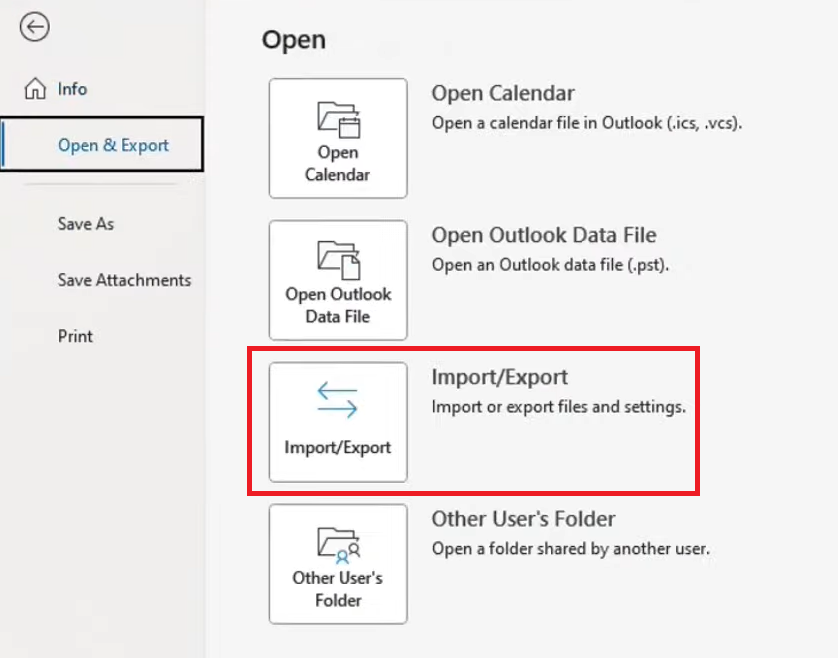 menu open & export di outlook dengan import/export yang dipilih
