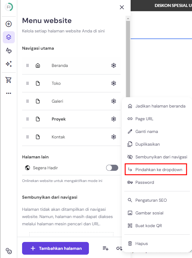 menu untuk memindahkan halaman sebagai drop-down di halaman lain