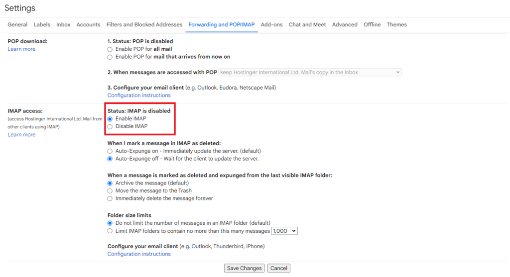 tampilan pengaturan email di gmail, memilih untuk mengaktifkan IMAP