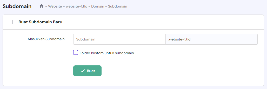 menu untuk membuat subdomain baru di hpanel