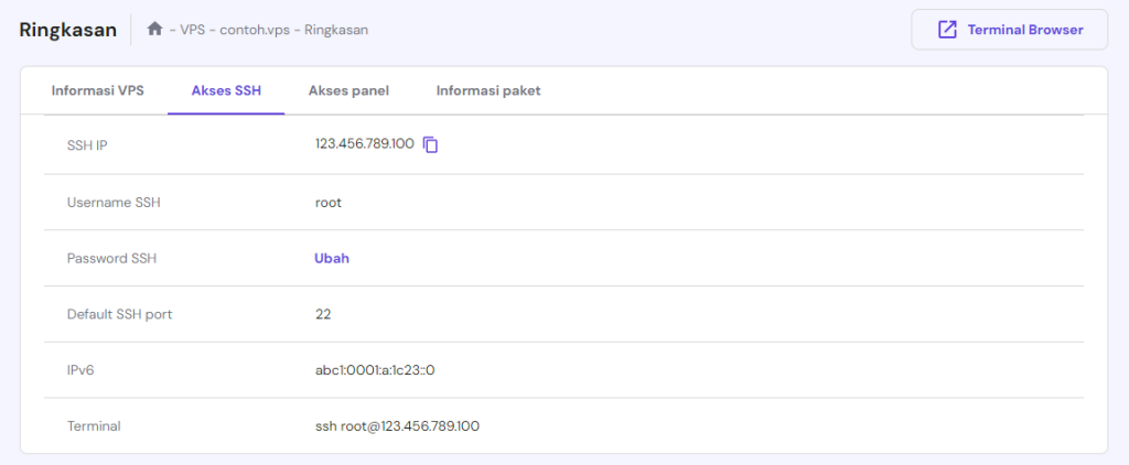 tampilan bagian tab akses ssh di hpanel