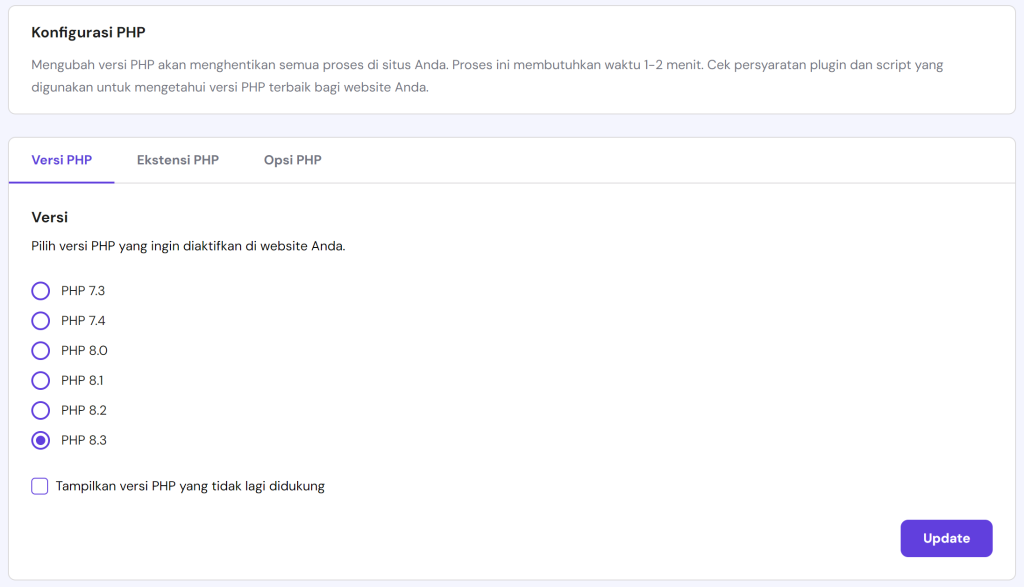 tampilan bagian konfigurasi php di hpanel untuk mengupdate versi php website