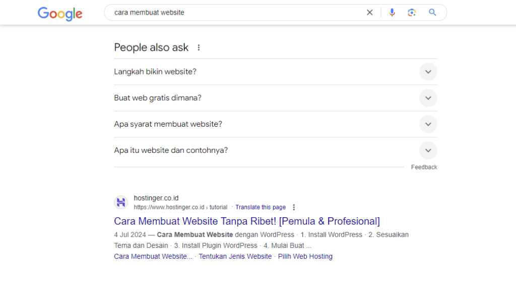 tampilan hasil pencarian google menunjukkan kata kunci cara membuat website