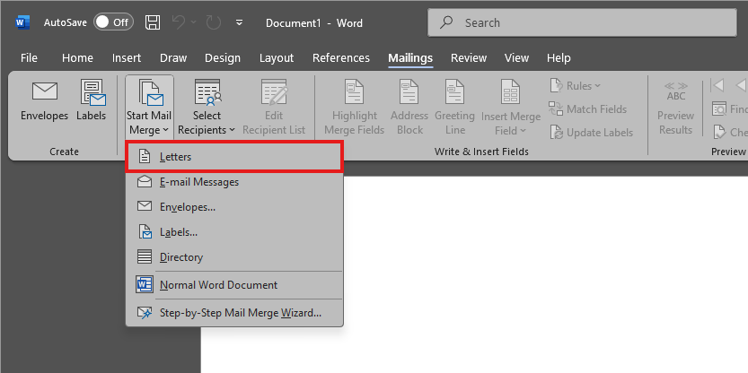 tampilan microsoft excel dengan opsi letters yang dipilih dari menu start mail merge