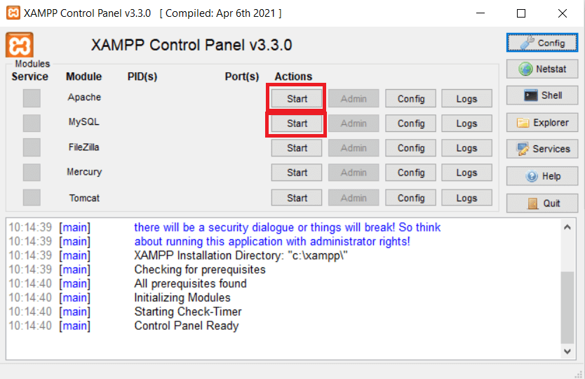 tampilan xampp menunjukkan proses memulai apache dan mysql