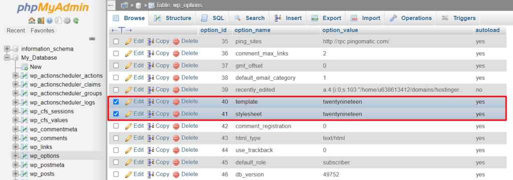 tampilan phpmyadmin menunjukkan baris tabel yang diperlukan