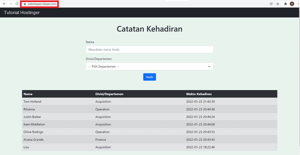 tampilan hasil website localhost xampp yang sudah dionlinekan