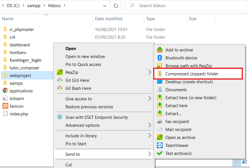 tampilan windows explorer menunjukkan proses zip folder