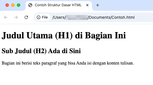 tampilan hasil dari contoh coding html untuk heading dan paragraf