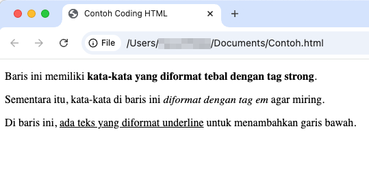 tampilan contoh teks bold, italic, dan underline