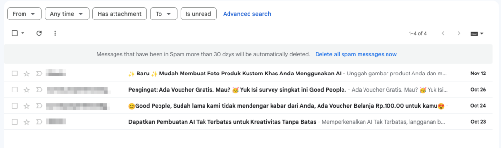 tampilan contoh pesan spam yang terlalu promosi