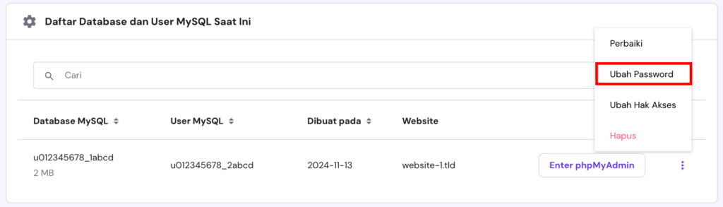 tampilan daftar database mysql di hpanel dengan opsi ubah password yang dipilih