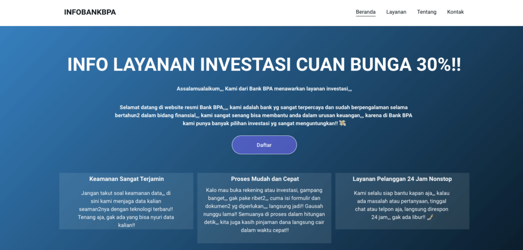tampilan contoh desain website buruk menunjukkan website penipu