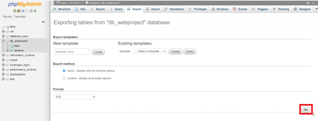 tampilan proses mengekspor database di phpmyadmin
