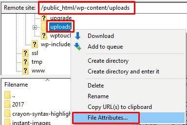 tampilan filezilla untuk mengakses file attributes di folder uploads